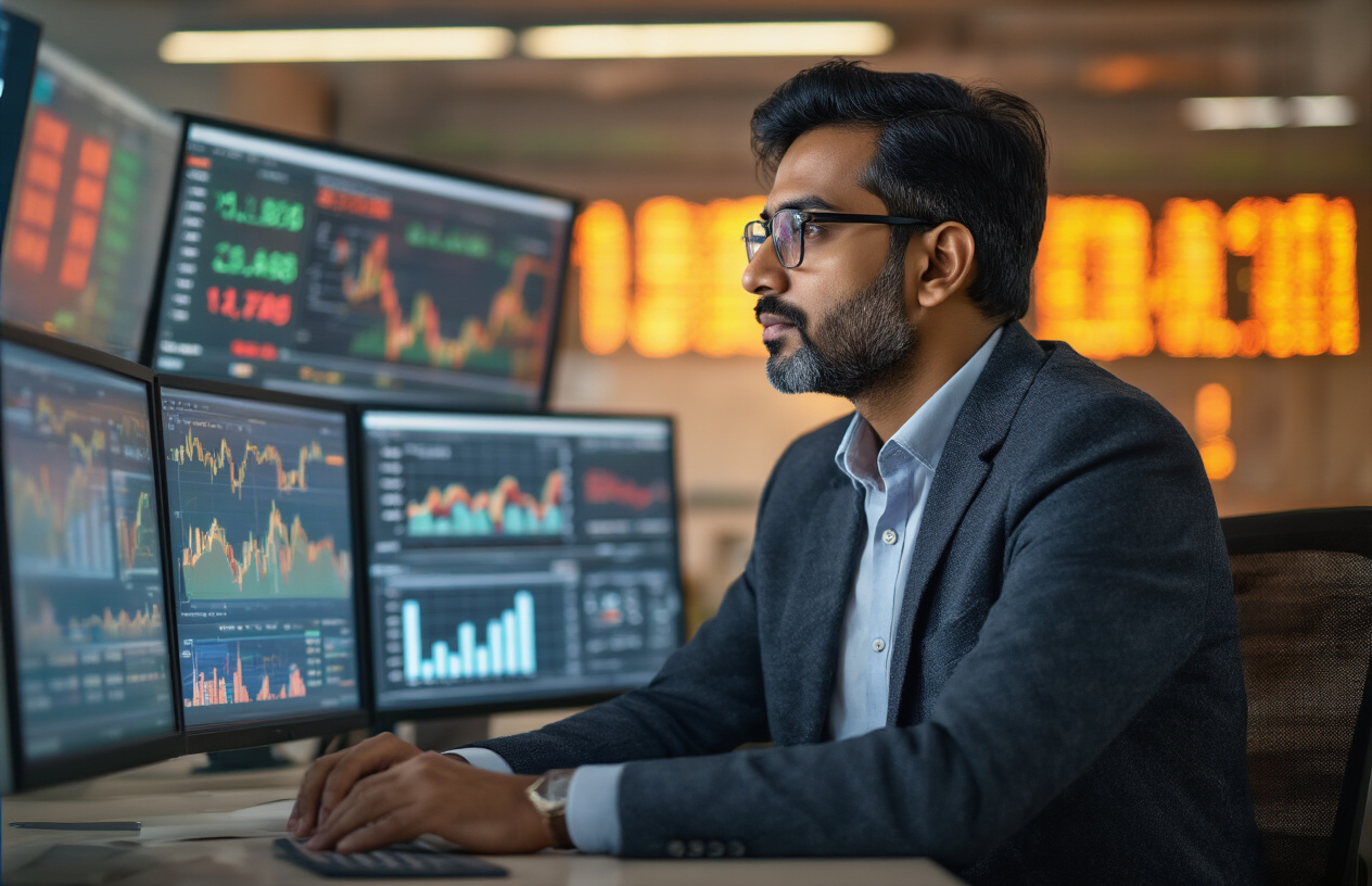 Create a realistic image of an Indian businessman in a modern office looking thoughtfully at financial charts and graphs on multiple screens, with the Bombay Stock Exchange ticker visible in the background, warm lighting creating a hopeful atmosphere suggesting financial growth and prosperity in India's economy.